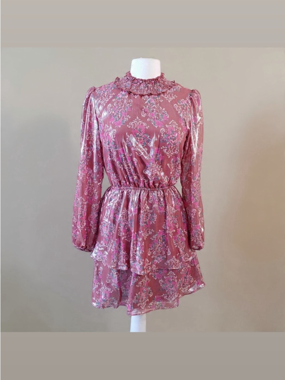 Pink Floral Ruffle Neck Long-Sleeve Dress